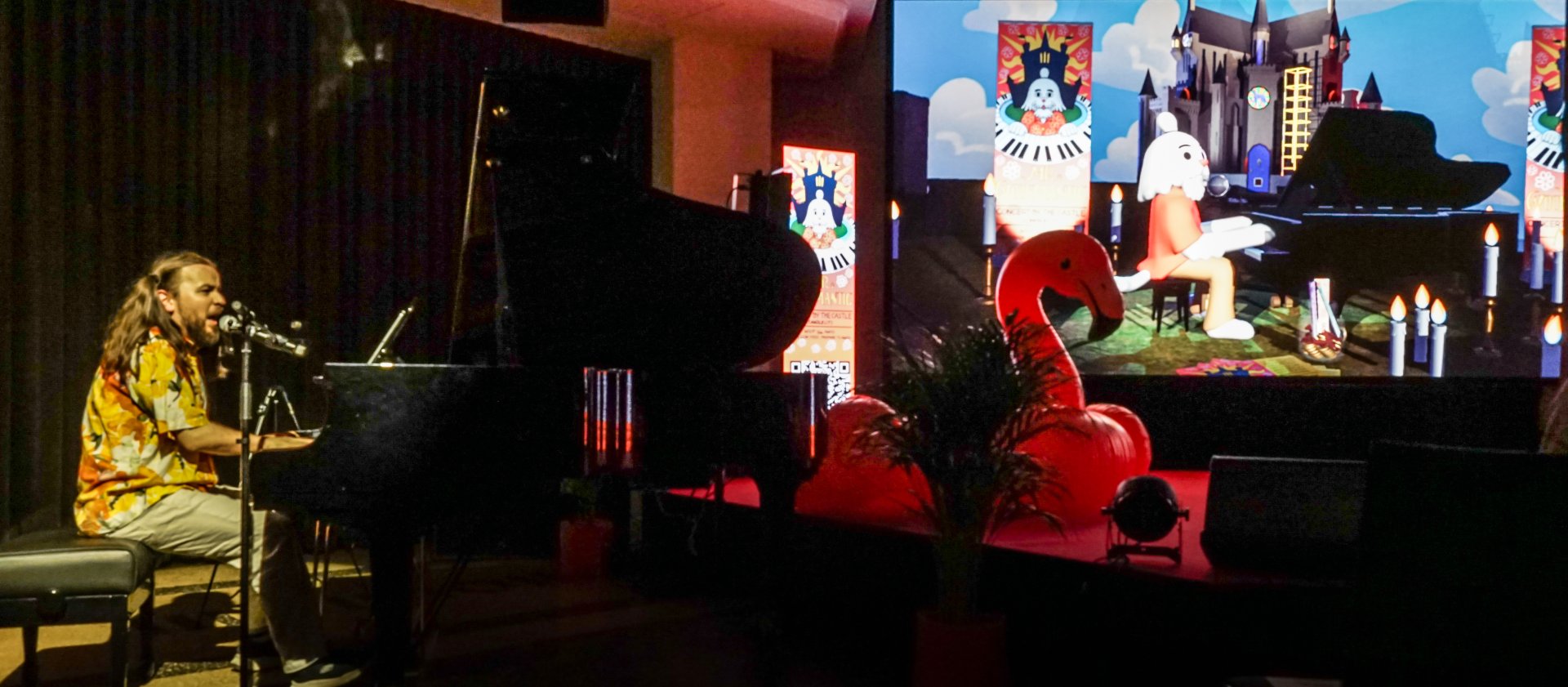Mr Woofmantic playing piano thru Horatiu Roman as human avatar in front of the Dog Castle at A MAZE. / Berlin Festival Opening, 2025
